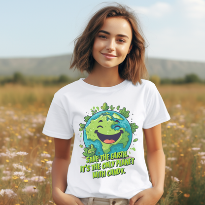 Funny activist shirt for Earth Day featuring a happy cartoon planet Earth surrounded by leaves with the message Save Earth! It’s the only planet with candy! This environmental gift is perfect for teachers, nature lovers, tree huggers and eco conscious friends. A colorful adult Earth Day shirt for celebrations, school events and spring wear.