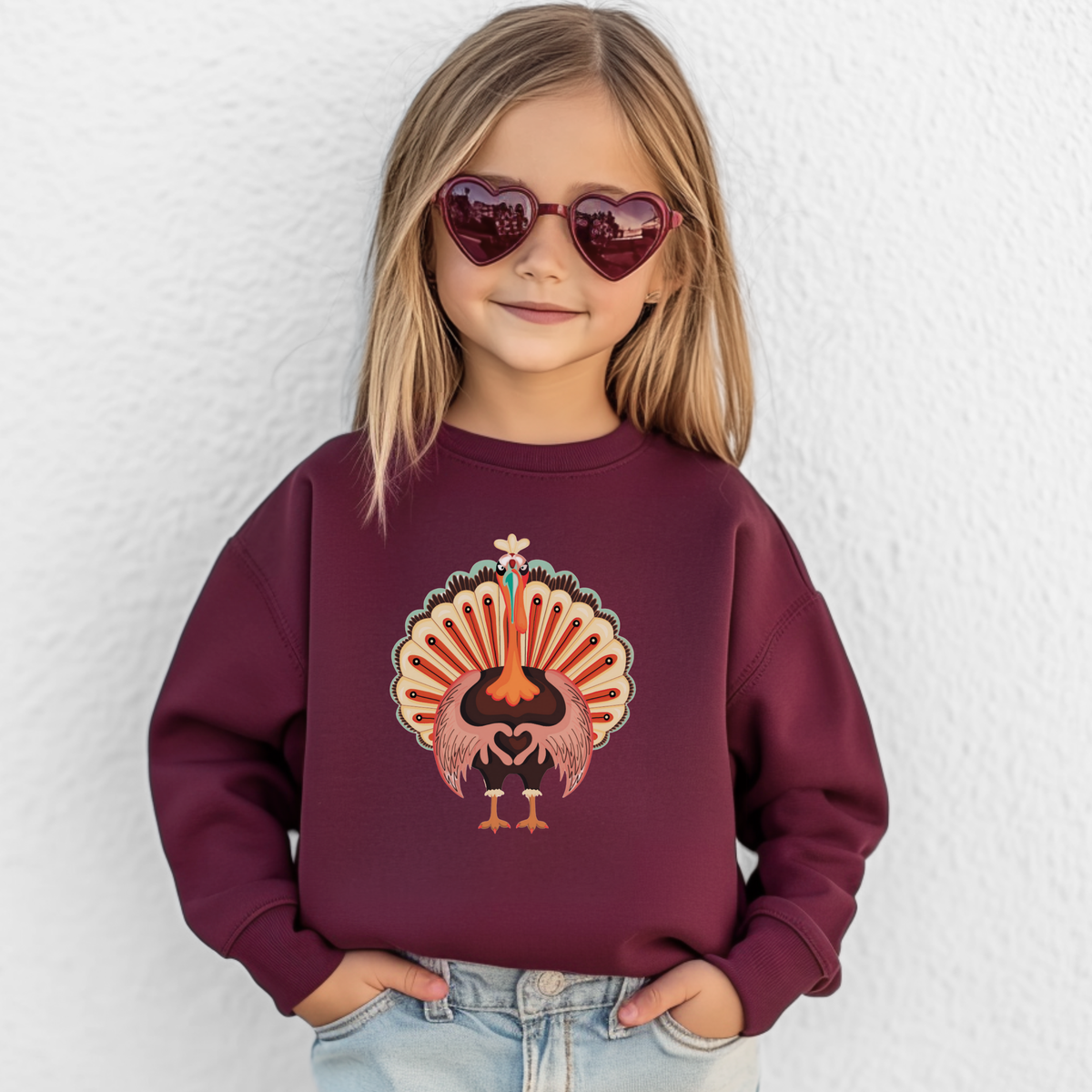 Cute kids Thanksgiving sweatshirt with a colorful turkey and heart shaped wings, a playful fall crewneck for Thanksgiving dinner, school celebrations and family events