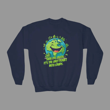Image: Earth Day kids sweatshirt, available in white, black, grey, forest green and navy. Save the Planet youth unisex crewneck shirt with large cartoon smiling planet earth, with water and leaves. Text reads Save the Earth! Its the only planet with candy! Makes a great gift and reminder to save our planet, by jaecrece