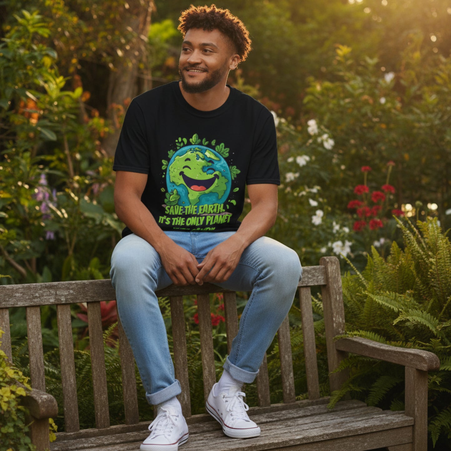 Funny environmental shirt for adults featuring a happy cartoon Earth surrounded by leaves and a playful Save Earth candy message. This Earth Day tee is a fun choice for teachers, environmentalists, tree huggers and nature lovers. Great for an Earth Day celebration, spring graphic tee collection or eco conscious gift.