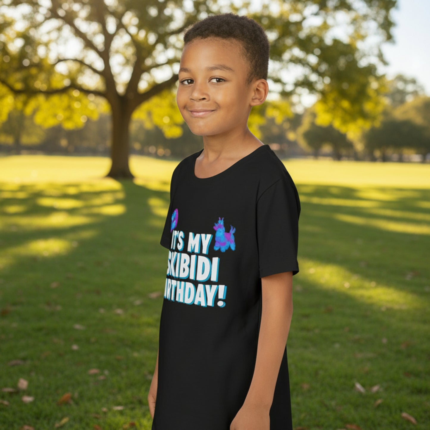 Child wearing a black t-shirt with a colorful graphic design on a white background. Gen Alpha birthday shirt for kids featuring an It’s My Skibidi Birthday graphic with colorful birthday icons, bold white lettering, and bright blue accents, perfect for a funny birthday party outfit