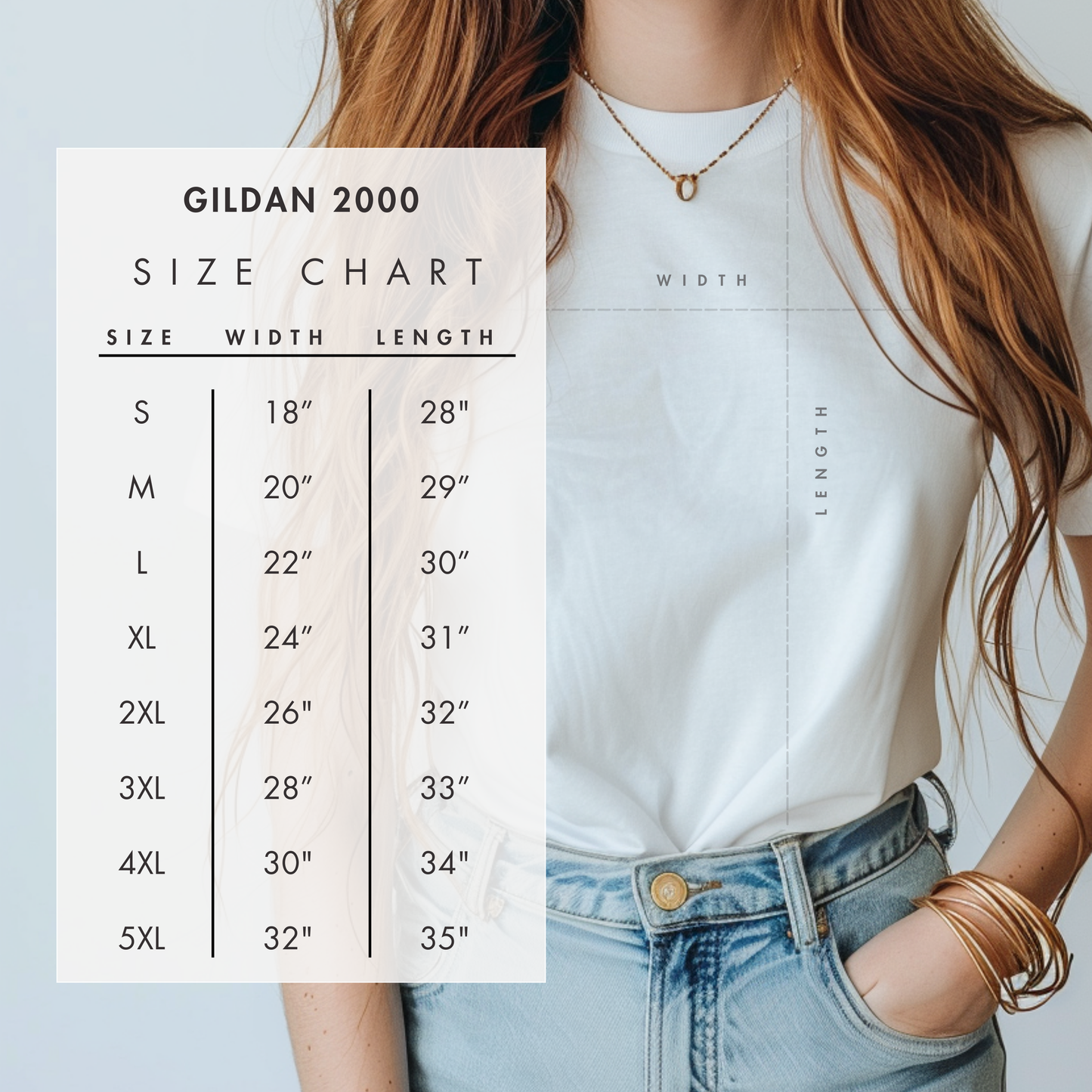 Person wearing a white t-shirt with a Gildan 2000 size chart overlayed on the image. Sizes available are S, M, L, XL, 2XL, 3XL, 4XL and 5XL