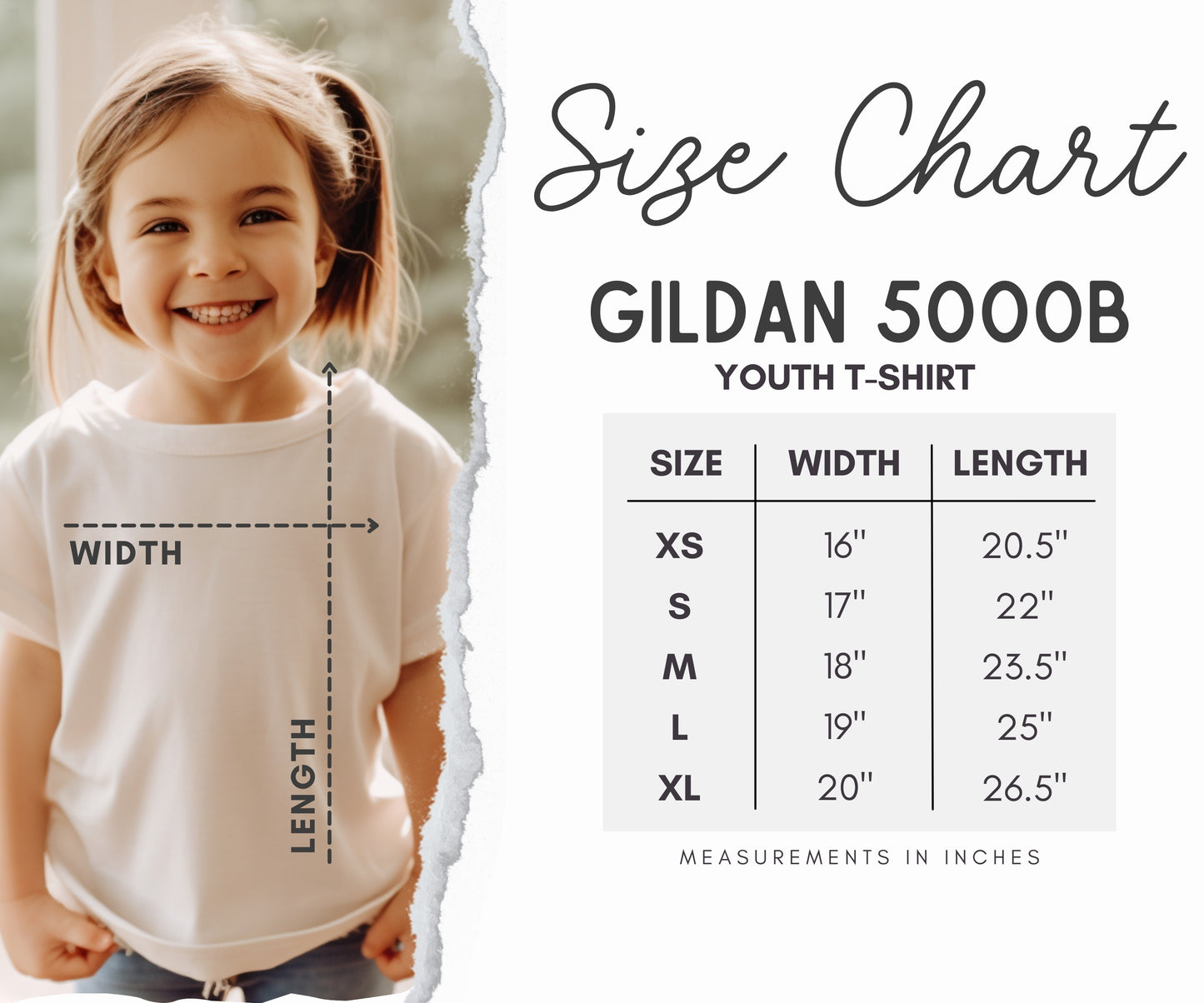 Youth Gildan 5000B Size chart. Available in sizes XS, S, M, L and XL