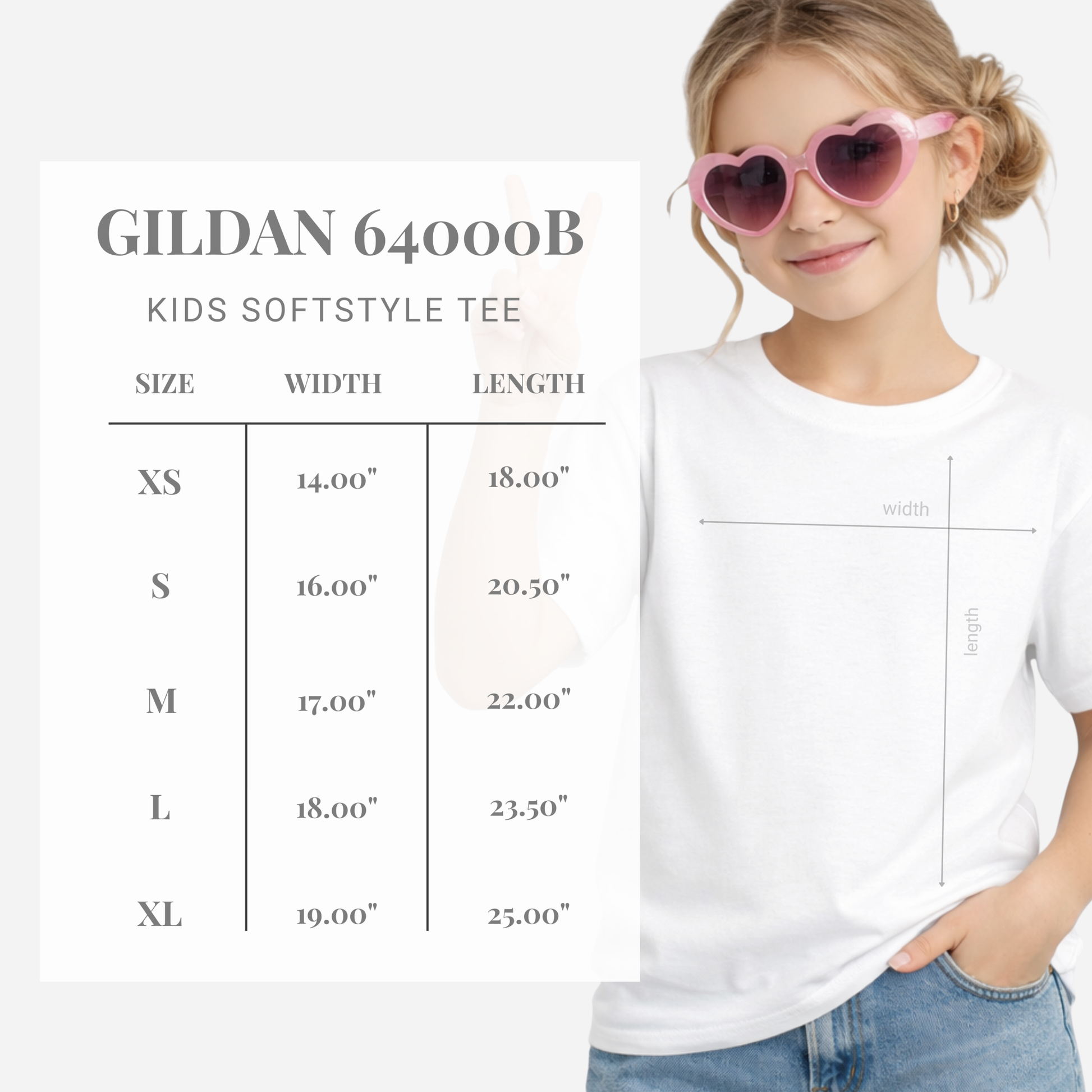 A size chart graphic for the Gildan 64000B Kids Softstyle Tee, showing a size table from XS to XL with width and length measurements. On the right, a young girl with heart-shaped sunglasses wears a white t-shirt with a faint printed measurement guide, standing next to the chart.