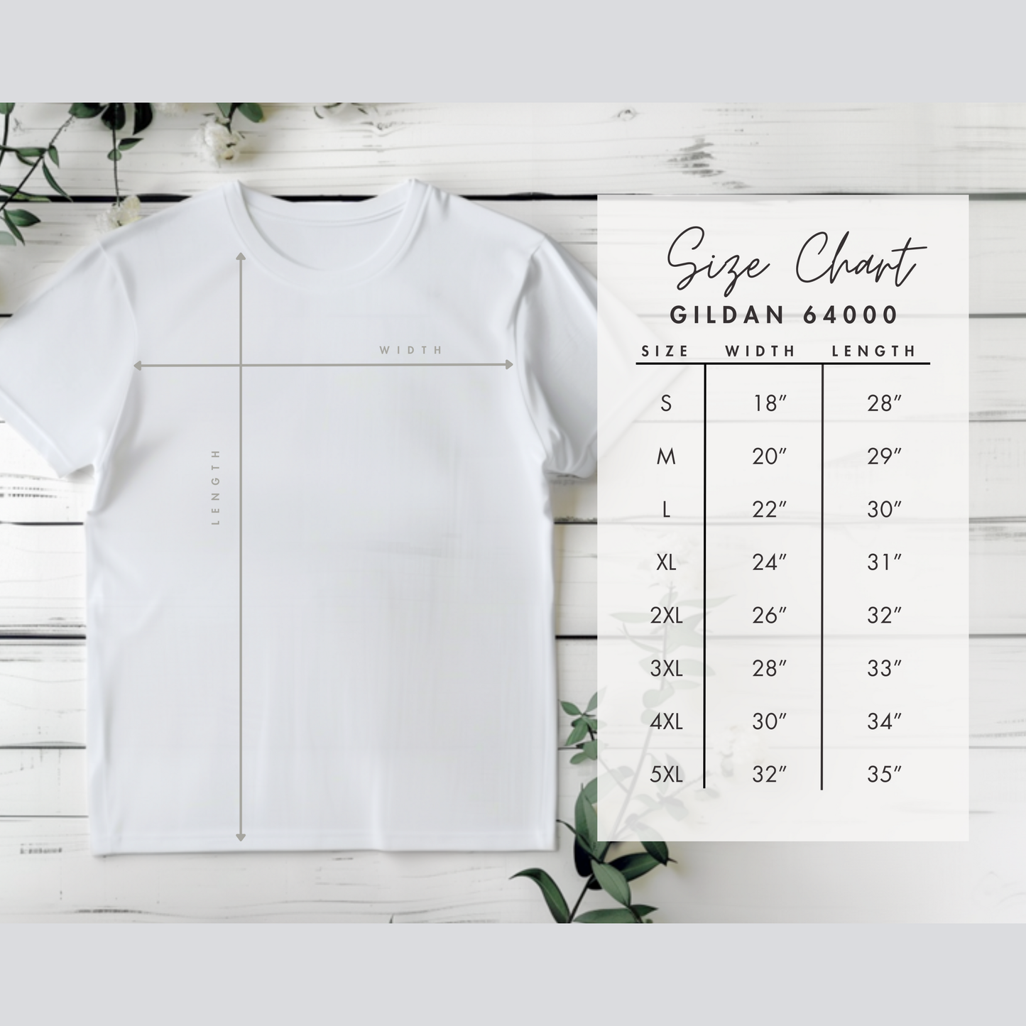 Size chart for the Gildan 64000 Softstyle t shirt displaying chest width and body length measurements across available sizes. This unisex t shirt features a soft lightweight cotton feel with a classic everyday fit. The chart helps buyers select the best size for their next tshirt, ensuring comfortable wear and accurate expectations before purchase.