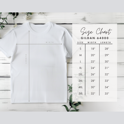 Size chart for the Gildan 64000 Softstyle t shirt displaying chest width and body length measurements across available sizes. This unisex t shirt features a soft lightweight cotton feel with a classic everyday fit. The chart helps buyers select the best size for their next tshirt, ensuring comfortable wear and accurate expectations before purchase.