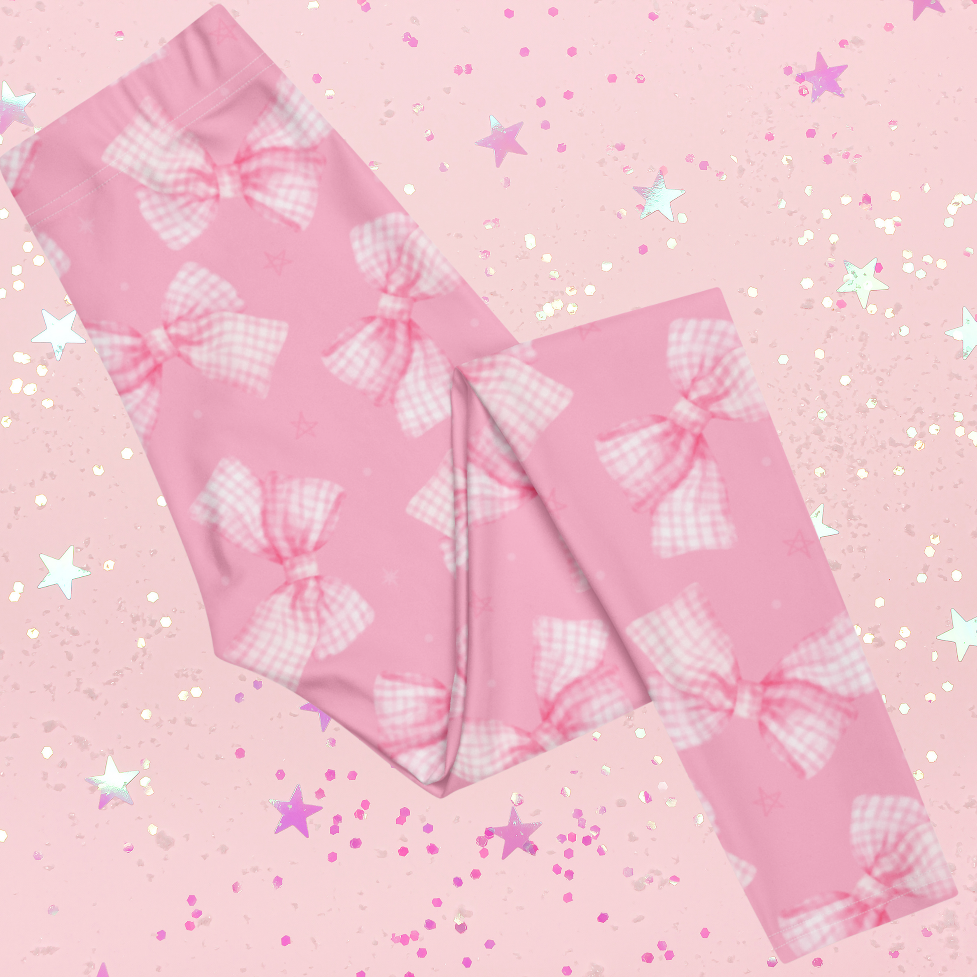 Pink Bow Coquette leggings for girls, sizes toddler 2T–7 and youth 8–20, soft, breathable, and stretchy polyester-spandex blend, four-way recovery fabric, cute gingham bow print, ideal for everyday wear, special occasions, photoshoots, or coordinated family outfits, made-to-order for high-quality, comfortable, and stylish leggings for young girls.