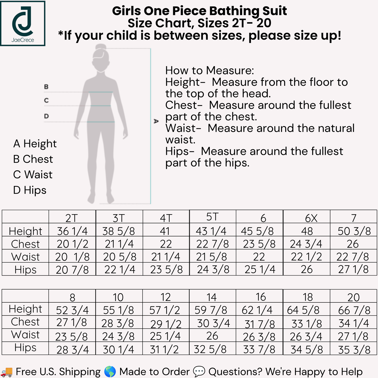 Girls one-piece bathing suit size chart and sizing table. The chart includes a body measurement diagram with a child silhouette, labeled height, chest, waist, and hips, plus a size guide from 2T to 7T and a separate size table from 8 to 20.