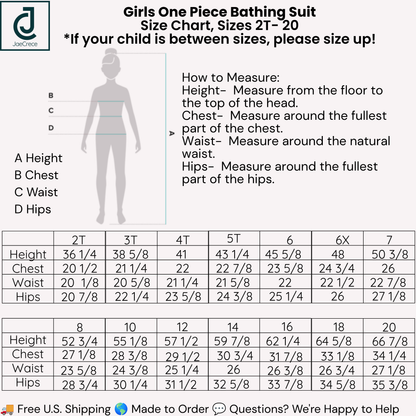 Girls one-piece bathing suit size chart and sizing table. The chart includes a body measurement diagram with a child silhouette, labeled height, chest, waist, and hips, plus a size guide from 2T to 7T and a separate size table from 8 to 20.