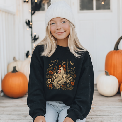 Girls black Halloween sweatshirt featuring a whimsical vintage ghost blowing a bubble with bubble gum, surrounded by orange flowers, bats, stars and delicate botanical details. Cute spooky fall clothing for girls who love ghosts, Halloween fashion, vintage gothic style and playful seasonal outfits.