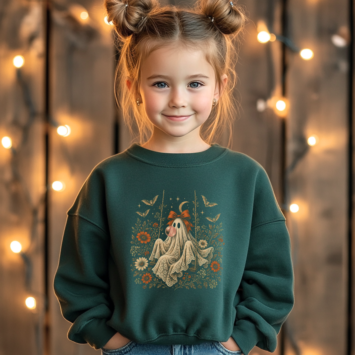 Girl wearing a forest green Halloween sweatshirt with a vintage inspired ghost blowing a bubble with bubble gum. The detailed graphic features orange flowers, botanical foliage, bats, stars, lace and a bow for a whimsical spooky season look that works beautifully for fall and Halloween outfits.