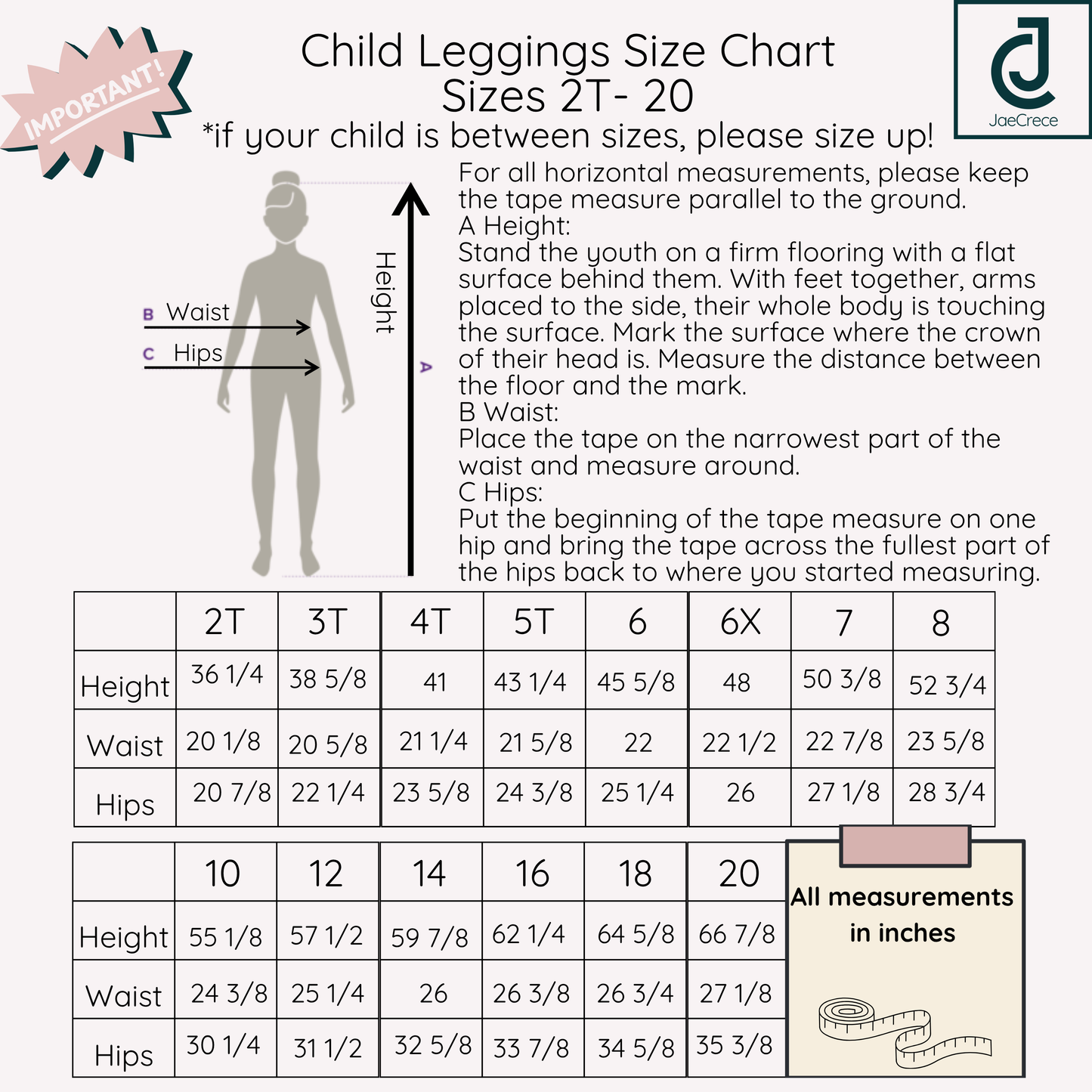 Child leggings size chart for ages 2T to 20, with measurements in inches.