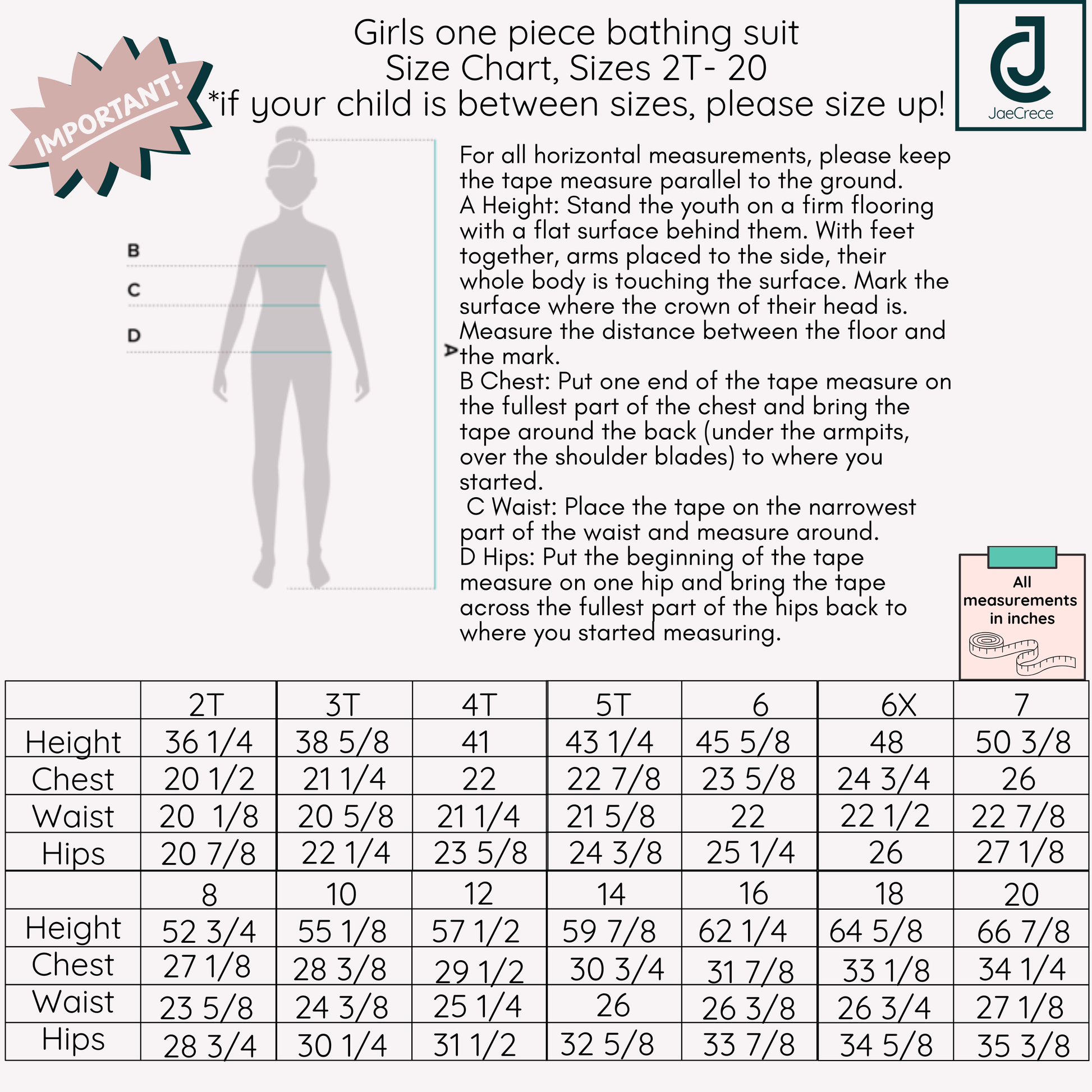 Girls One Piece Swimsuit Size Chart Size 2T-20 for toddler, tween and teen girls