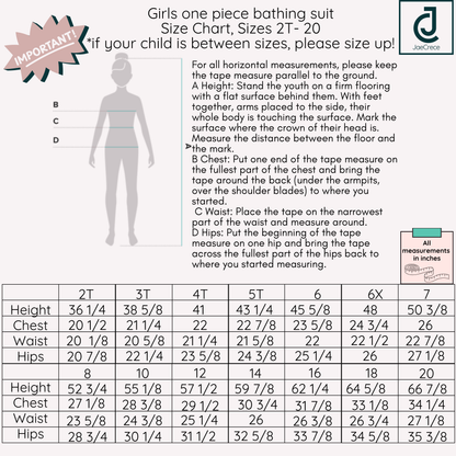 Girls One Piece Swimsuit Size Chart Size 2T-20 for toddler, tween and teen girls
