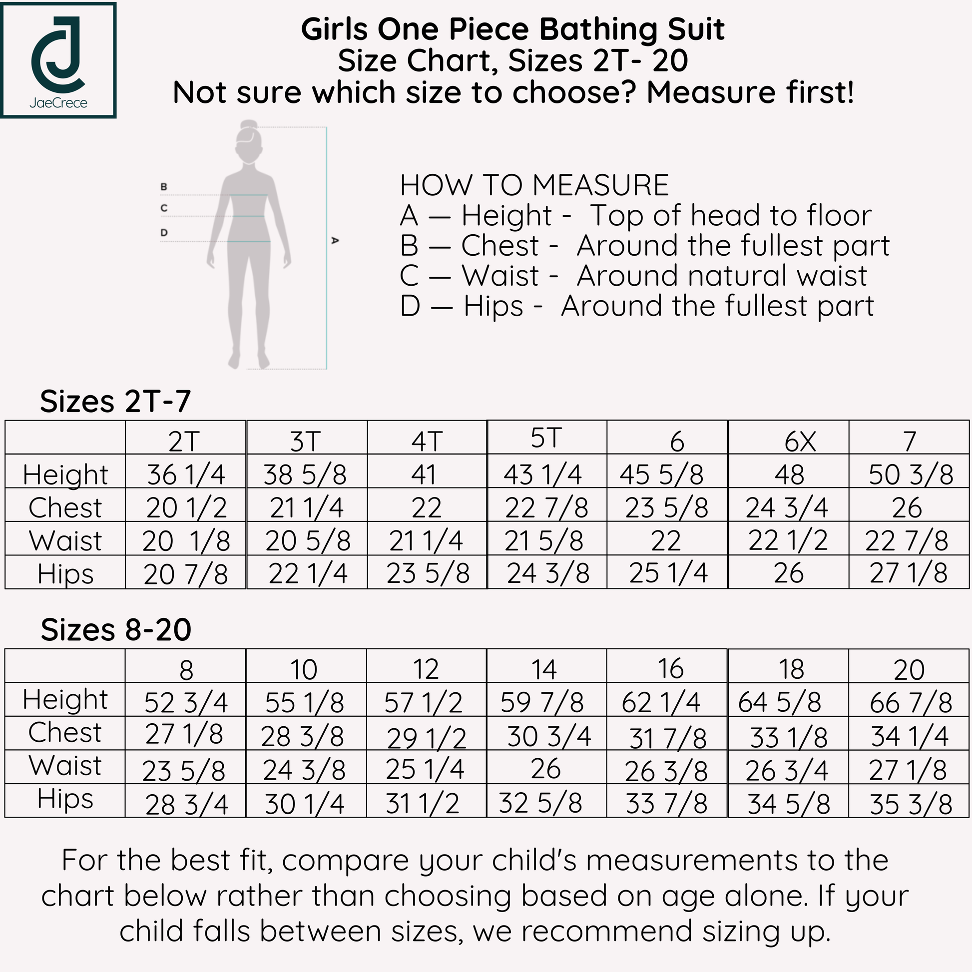 Girls one-piece bathing suit size chart and sizing table. The chart includes a body measurement diagram with a child silhouette, labeled height, chest, waist, and hips, plus a size guide from 2T to 7T and a separate size table from 8 to 20.