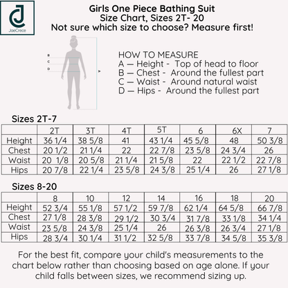 Girls one-piece bathing suit size chart and sizing table. The chart includes a body measurement diagram with a child silhouette, labeled height, chest, waist, and hips, plus a size guide from 2T to 7T and a separate size table from 8 to 20.