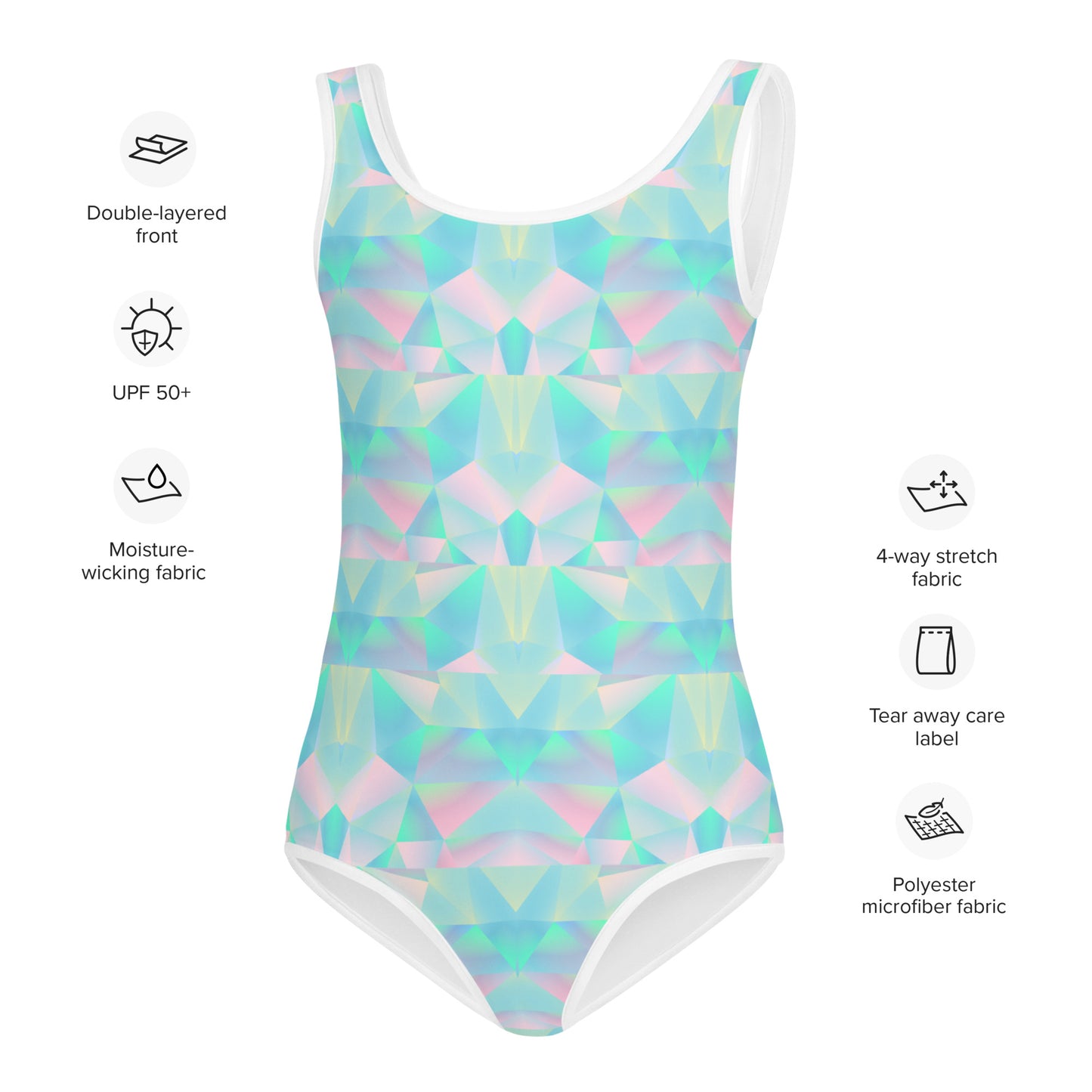 This one piece girls bathing suit features a striking geometric prism design with shades of teal blue, pink, and purple that create a playful artistic aesthetic. Available in sizes 2T through 20, it is part of a matching family swimwear collection for coordinated adventures. Ideal for pool parties, beach vacations, water parks, family reunions, cruise wardrobes, and gifting to daughters, nieces, granddaughters, or best friends.