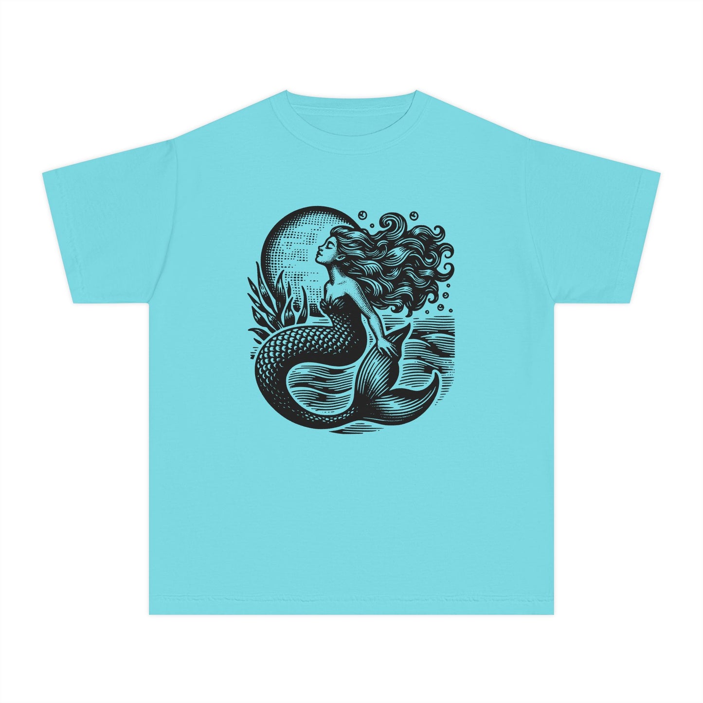 Girls coastal graphic tee featuring a moody linocut inspired mermaid design with vintage ocean artwork and moonlit waves. Printed on a soft Comfort Colors youth shirt with a relaxed fit and garment dyed texture for a worn in vintage feel. Perfect for beach days summer travel casual outfits and matching mother daughter looks. Ideal for mermaidcore fashion ocean lover gifts seaside aesthetic clothing nautical style and trendy beach inspired wardrobes for girls and tweens.