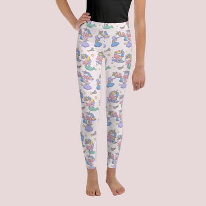 Girls kawaii leggings with mermaid unicorn print on a soft pink background, high rise waistband and full length design that reaches the ankle, comfortable stretchy fabric made for everyday wear and movement, perfect for school, dance, or lounging at home, playful fantasy aesthetic clothing for tweens who love unicorns, mermaids, and magical themed fashion in fun and colorful outfits