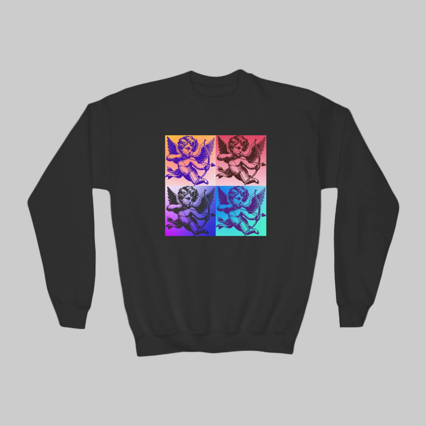 This youth girls Pop Art Cupid sweatshirt in sizes XS–XL is perfect for Valentine’s Day celebrations, school parties, or matching mommy and me outfits. Featuring a playful graphic heart and Cupid in bold retro colors, this 1960s-inspired design is great for girls, tweens, and teens who love expressive, artistic fashion. Cozy, cute, and easy to pair with leggings or jeans for a festive look on February 14th.