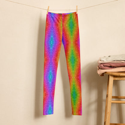 Girls' full-length leggings featuring a rainbow glitter swirl print that looks holographic and bold. Available in sizes 8–20, these stretchy leggings are ideal for colorful events like Pride, school parties, Mardi Gras, and weekend fun. Eye-catching and ultra comfy for every tween with a love for expressive fashion.