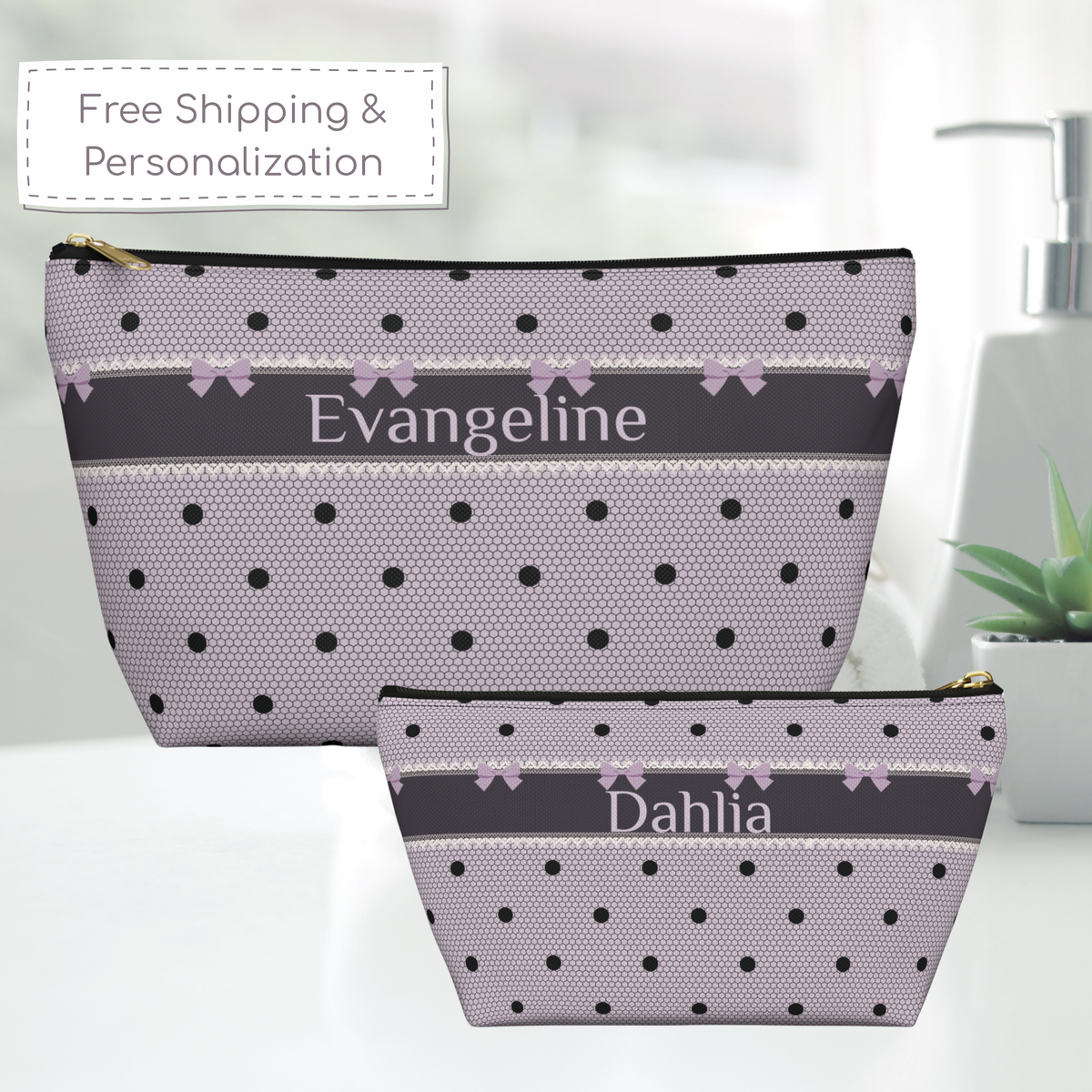Personalized gothic coquette makeup bag in lavender and black featuring bows, polka dots, lace inspired details and elegant lettering. The canvas zipper pouch can be customized with a name or initials, making it a stylish cosmetic bag for makeup, skincare and everyday essentials. Its dark romance aesthetic adds a feminine vintage touch.