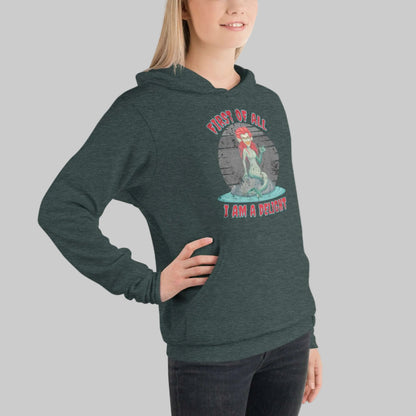 Graphic hoodie inspired by Greek siren mythology and bookish dark academia aesthetic, showcasing the phrase first of all I am a delight evil siren. This unisex hoodie combines cozy comfort with intellectual and gothic style.