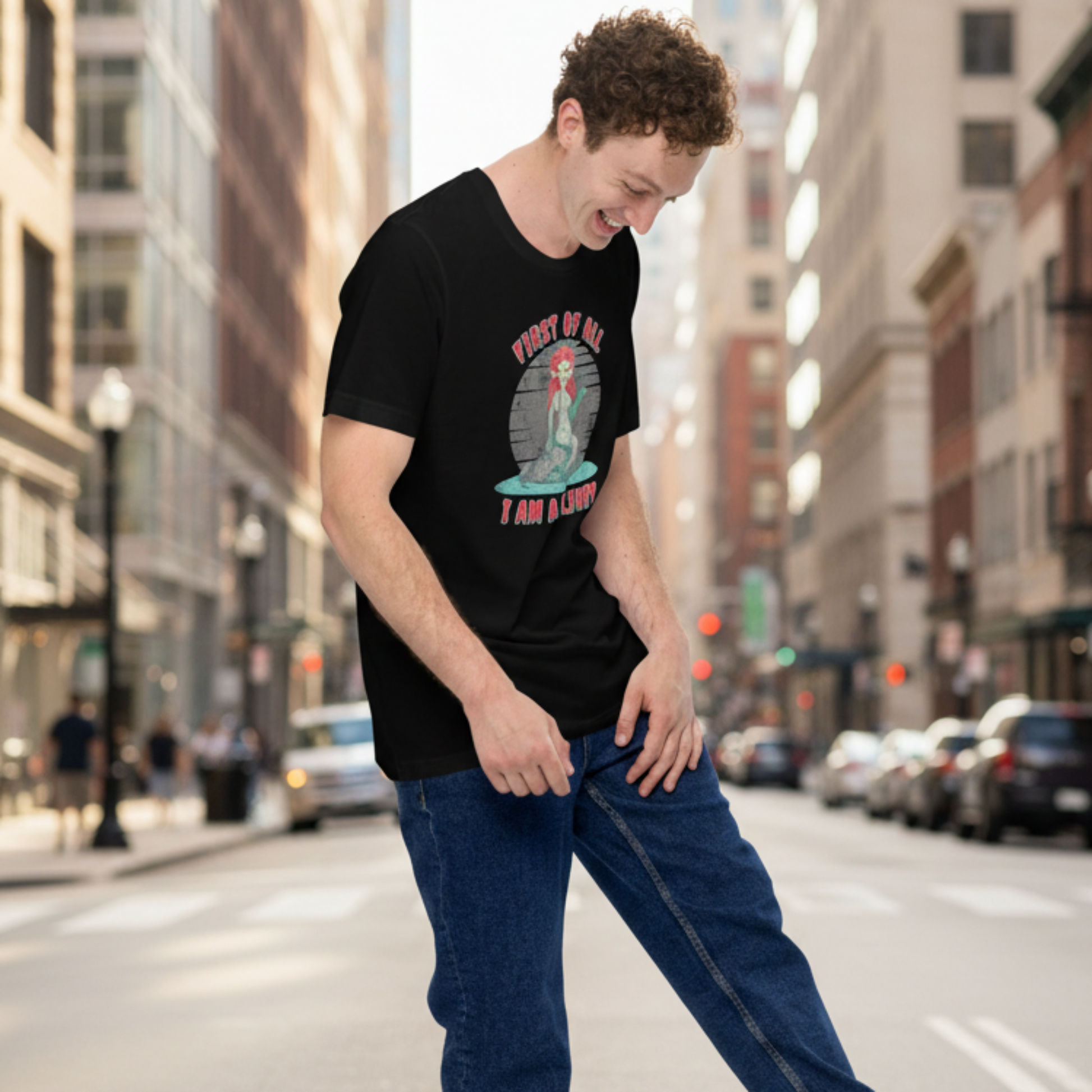 Greek mythology inspired siren t shirt with a mischievous mermaid illustration and humorous First of All I Am a Delight quote on a soft unisex graphic tee