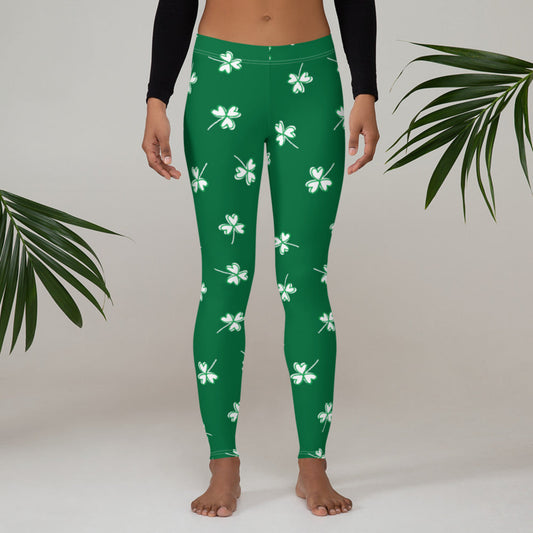 Green St Patricks Day leggings with white four leaf clovers. These lucky yoga pants have a mid rise waist and are full length to ankle. They are also available in toddler, girls and tween sizes for family matching outfits
