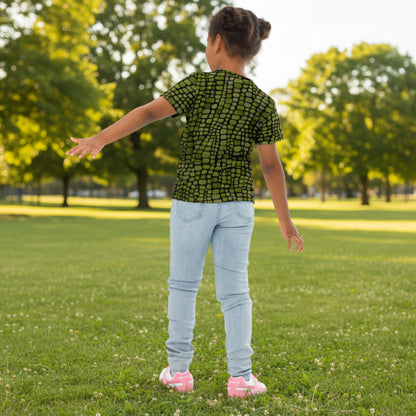 Green reptile pattern all-over print kids t-shirt, made for toddlers and little kids who love animals and costumes. Available in 2T–7 sizes, this shirt transforms into the perfect base for snake, dinosaur, or lizard looks. Soft, breathable, and fun for playtime or Halloween. Makes a unique gift for reptile fans or as a standout piece for a jungle adventure or themed school event.