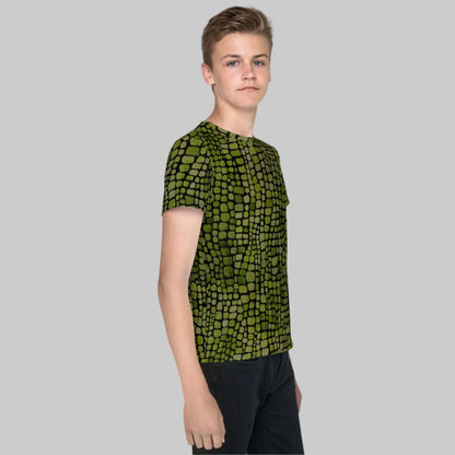 Green reptile print youth t-shirt for boys and girls in sizes 8–20. This all-over scale design is perfect for snake, lizard, or dinosaur costumes and makes a fun statement for nature lovers. A versatile pick for themed birthdays, jungle parties, school events, and everyday wear. Lightweight, breathable fabric and vivid design make it a hit for summer, outdoor adventures, and kids who love bold, wild prints.