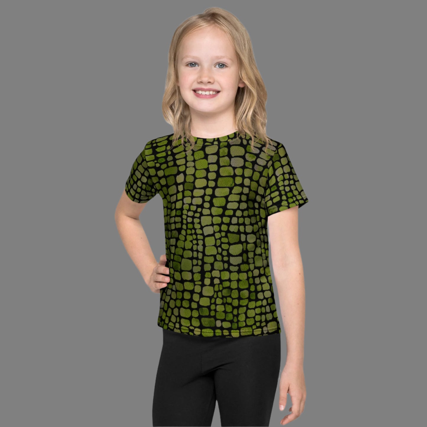 All-over green reptile print toddler and kids t-shirt, ideal for use in snake, lizard, dinosaur, or serpent costumes. Available in sizes 2T–7, this shirt features vibrant green scales and a soft, breathable feel. Great for Halloween, pretend play, birthday parties, and matching family looks. A playful and comfortable option for little ones who love animals, reptiles, and wild adventures.