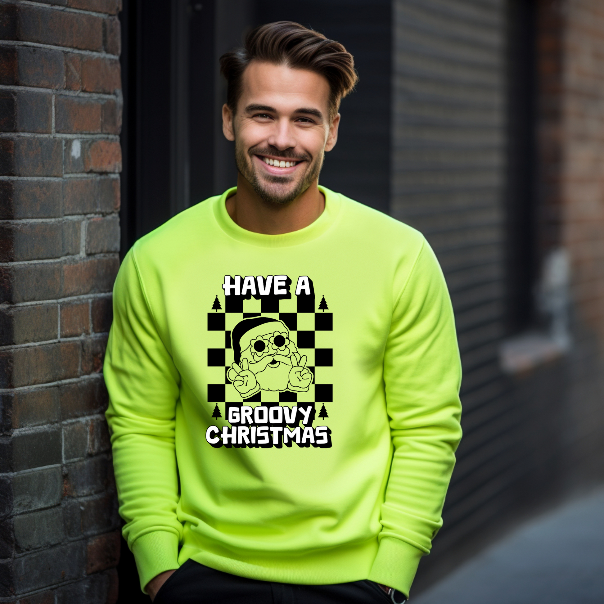 Groovy Santa Christmas crewneck sweatshirt in neon Safety Pink or Safety Green, featuring a retro Santa wearing daisy sunglasses and giving the peace sign. With a playful checkerboard design and bold holiday text, this sweatshirt is a fun way to celebrate Christmas in retro style. Available in sizes S–5XL, the Gildan 18000 pullover is cozy, durable, and makes a great Christmas party outfit, retro-inspired holiday gift, or family matching sweatshirt.