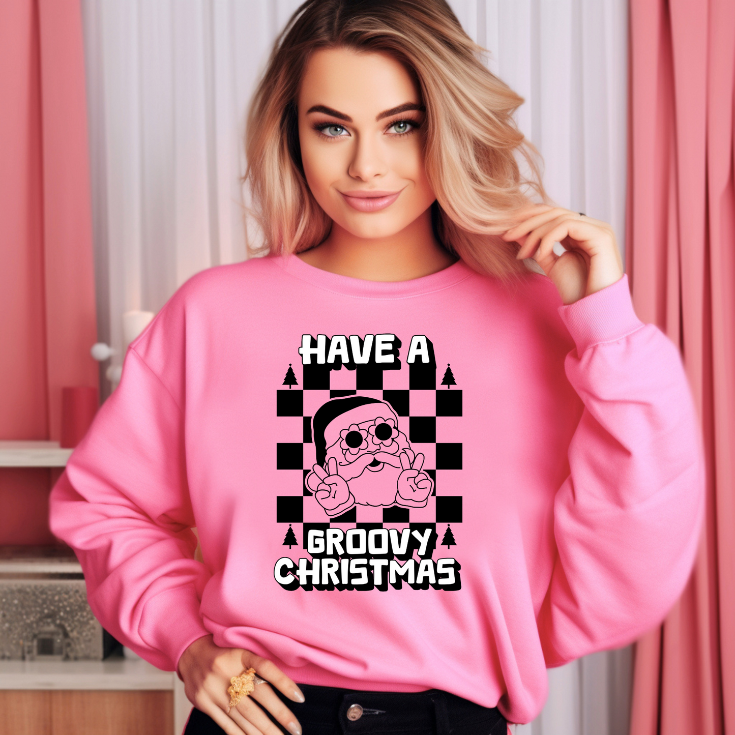 Retro Groovy Santa Sweatshirt printed on Gildan 18000 in bright Safety Pink and Safety Green. Santa rocks daisy sunglasses and peace sign vibes, set against a bold checkerboard print with “Have a Groovy Christmas” in white lettering. This festive pullover is perfect for anyone who loves vintage Christmas fashion, retro-inspired outfits, or unique holiday party looks. Available unisex sizes S–5XL, making it a fun matching sweatshirt gift for families.