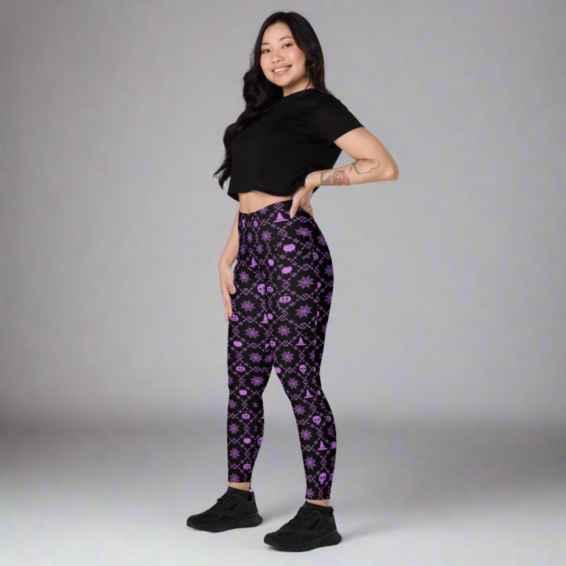 Wickedly Cute Women's Halloween Leggings with Pockets in soft stretchy fabric, high-waisted tight fit, and functional side pockets. Size-inclusive 2XS–6XL and matching toddler sizes 2T–7 make them perfect for family matching outfits. Featuring pumpkins, skulls, and spooky prints for Halloween, fall festivals, trick-or-treating, plus-size fashion, seasonal leggings, cozy nights at home, festive apparel, and eco-conscious made-to-order leggings for women seeking comfort and style this autumn.