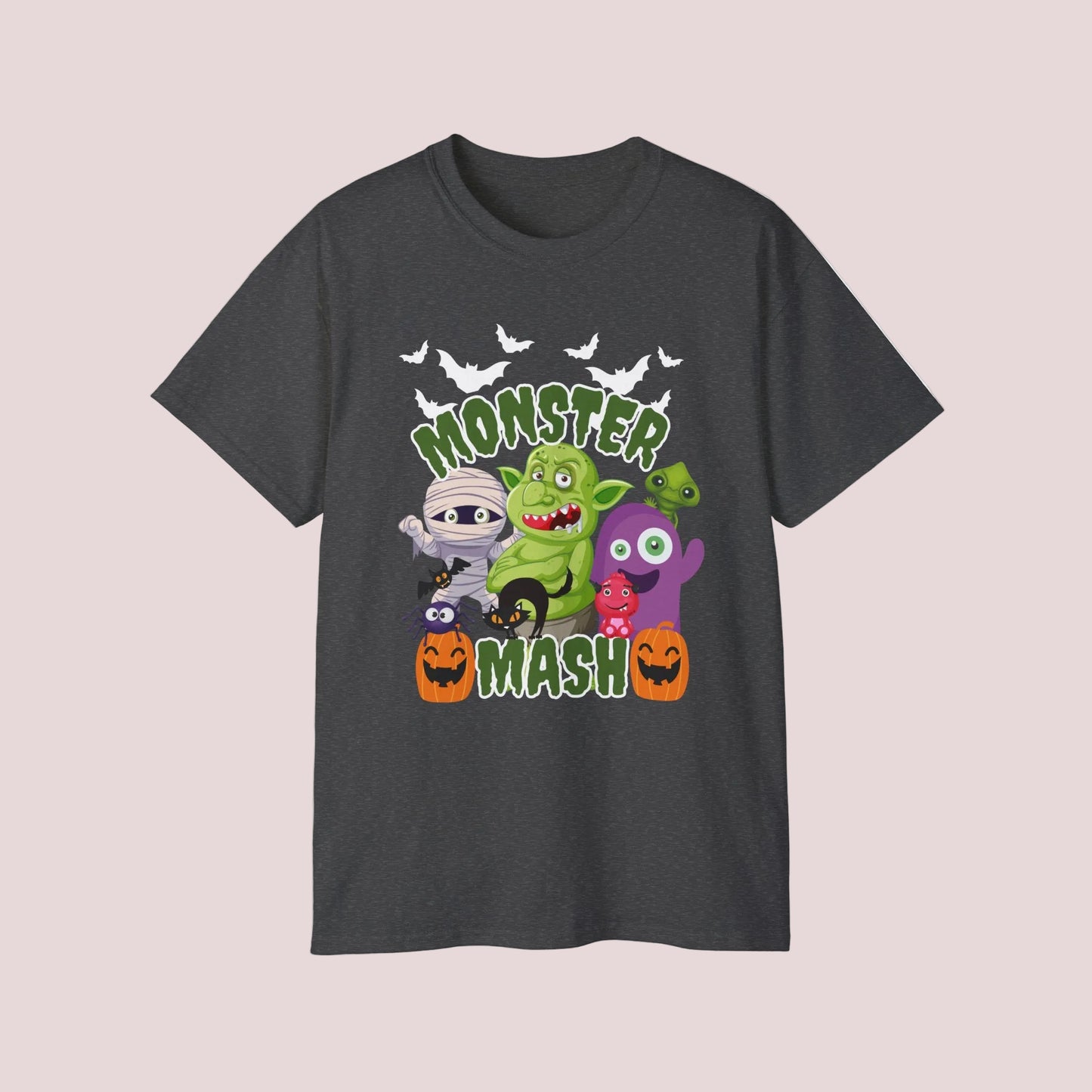 Halloween Monster Mash graphic tee featuring colorful cartoon monsters with bats, pumpkins, mummy, troll and black cat artwork with green slime letters. Adult unisex shirt on Gildan 2000 in black or dark heather, available S through 5XL. Great spooky season clothing for trick or treating, fall festivals, classroom parties, casual October wear, funny Halloween apparel, cute spooky shirt for women and men.