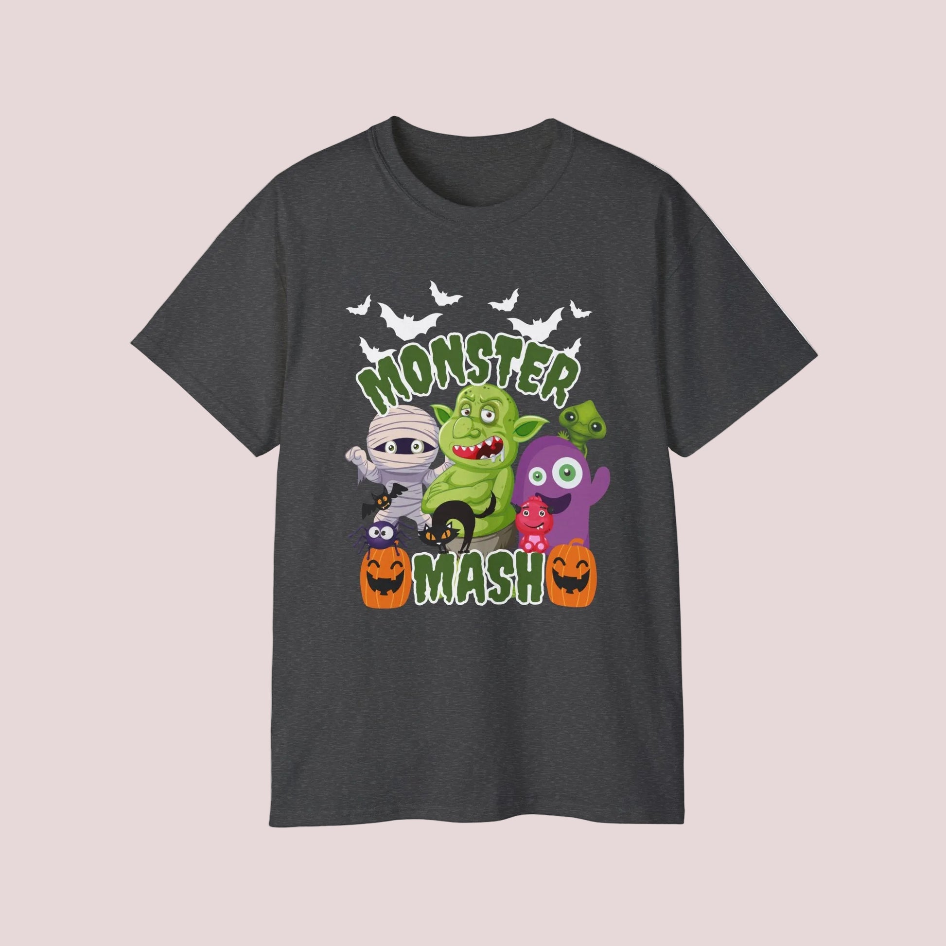 Halloween Monster Mash graphic tee featuring colorful cartoon monsters with bats, pumpkins, mummy, troll and black cat artwork with green slime letters. Adult unisex shirt on Gildan 2000 in black or dark heather, available S through 5XL. Great spooky season clothing for trick or treating, fall festivals, classroom parties, casual October wear, funny Halloween apparel, cute spooky shirt for women and men.
