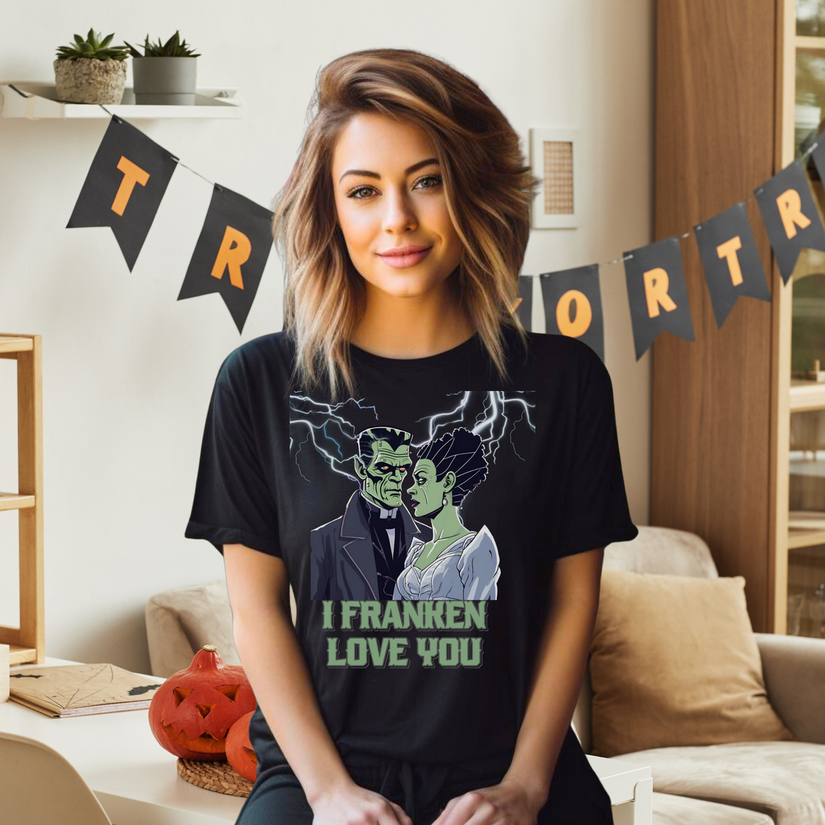 Playful Halloween graphic tee with Frankenstein and Bride of Frankenstein in love, lightning in the background, “I Franken Love You.” Soft black unisex Gildan 64000 shirt, S-5XL. Ideal for fun couples costume alternatives, Halloween party outfits, spooky date nights, or romantic Halloween gifts. Perfect for monster mash parties, trick-or-treat events, and playful adult Halloween humor.