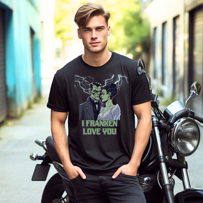 Soft black unisex Halloween tee with romantic Frankenstein and bride under lightning, “I Franken Love You.” Gildan 64000 shirt, sizes S-5XL, great for Halloween parties, couple costumes, monster lovers, and funny spooky gifts for adults.