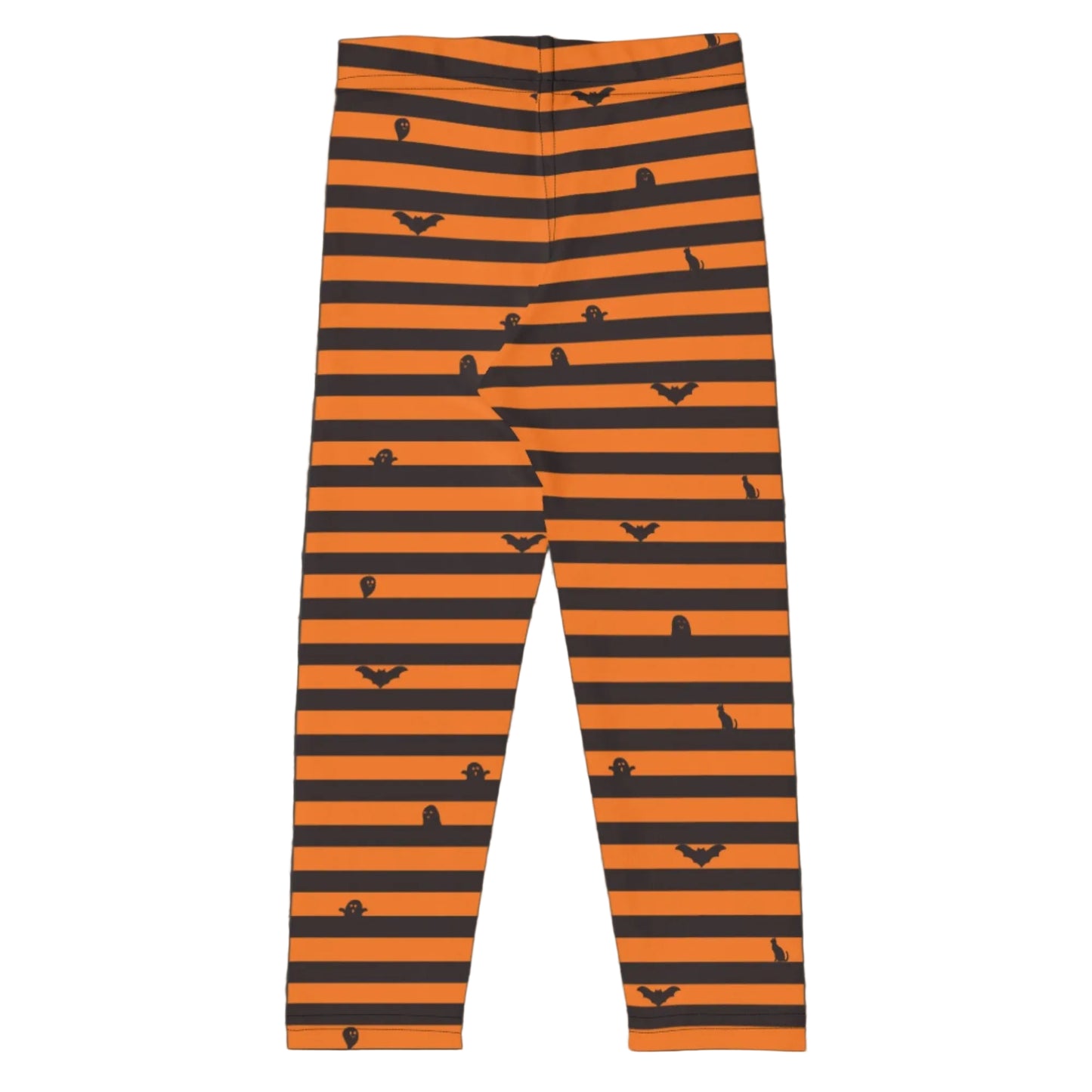 Halloween themed toddler leggings in a black and orange stripe pattern styled for a festive fall kids outfit