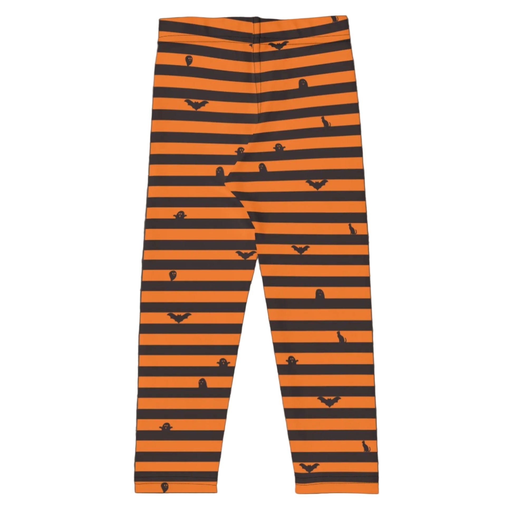 Halloween themed toddler leggings in a black and orange stripe pattern styled for a festive fall kids outfit
