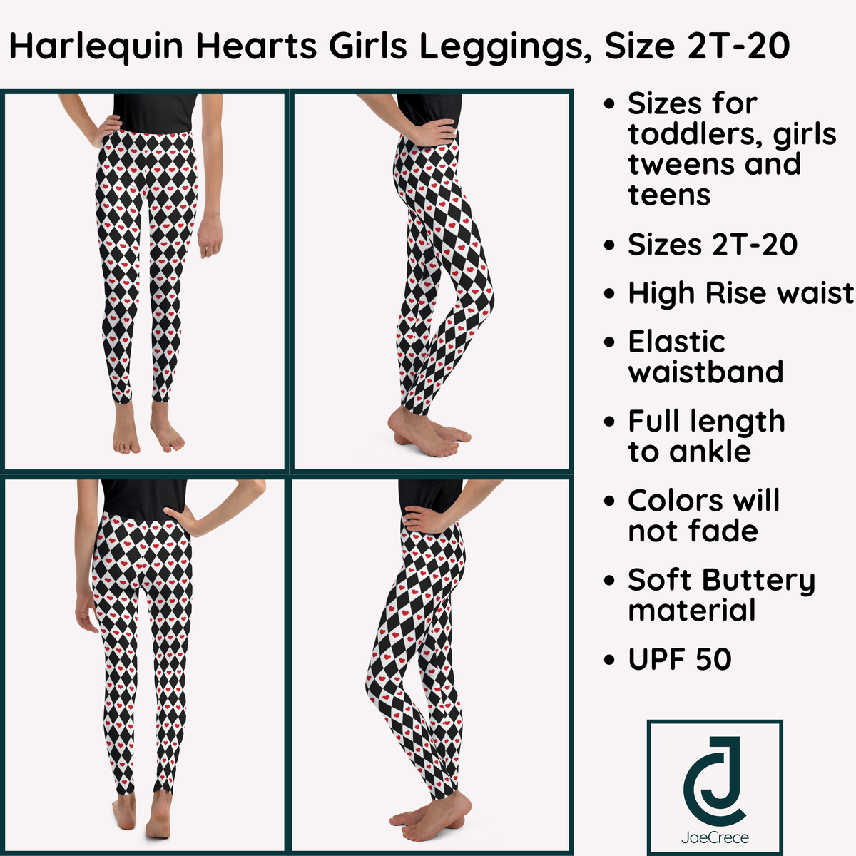 Four views of a child modeling patterned leggings on a white background with text listing features and sizes. The leggings have a black, white, and red harlequin heart pattern.