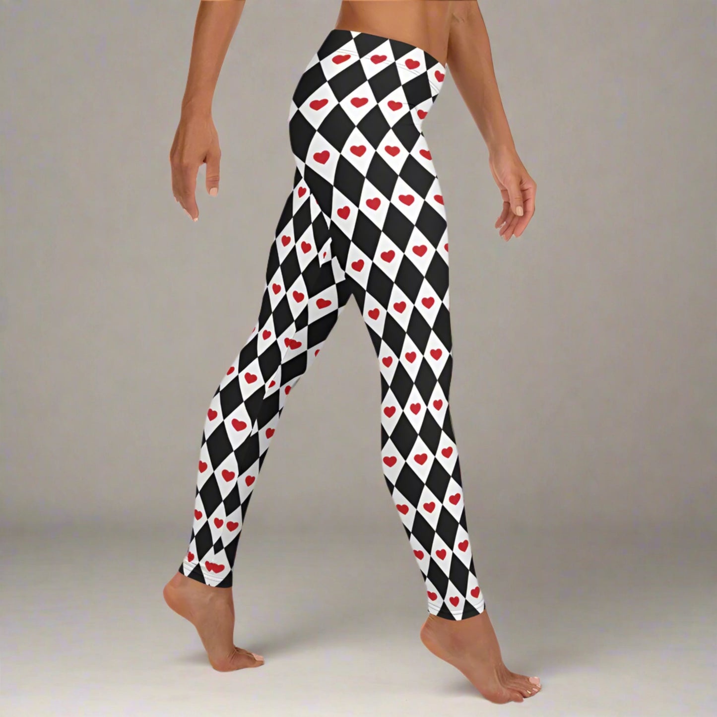 Black and white diamond checker print ladies leggings with bold red heart accent, full length to the ankle, mid rise waist, versatile for yoga, running, lounging, casual chic, Valentine gift ideas, family matching sets, cosplay or Queen of Hearts costume looks, trendy balletcore, lavender girl, and pink Pilates princess inspired outfits for women seeking stylish comfort