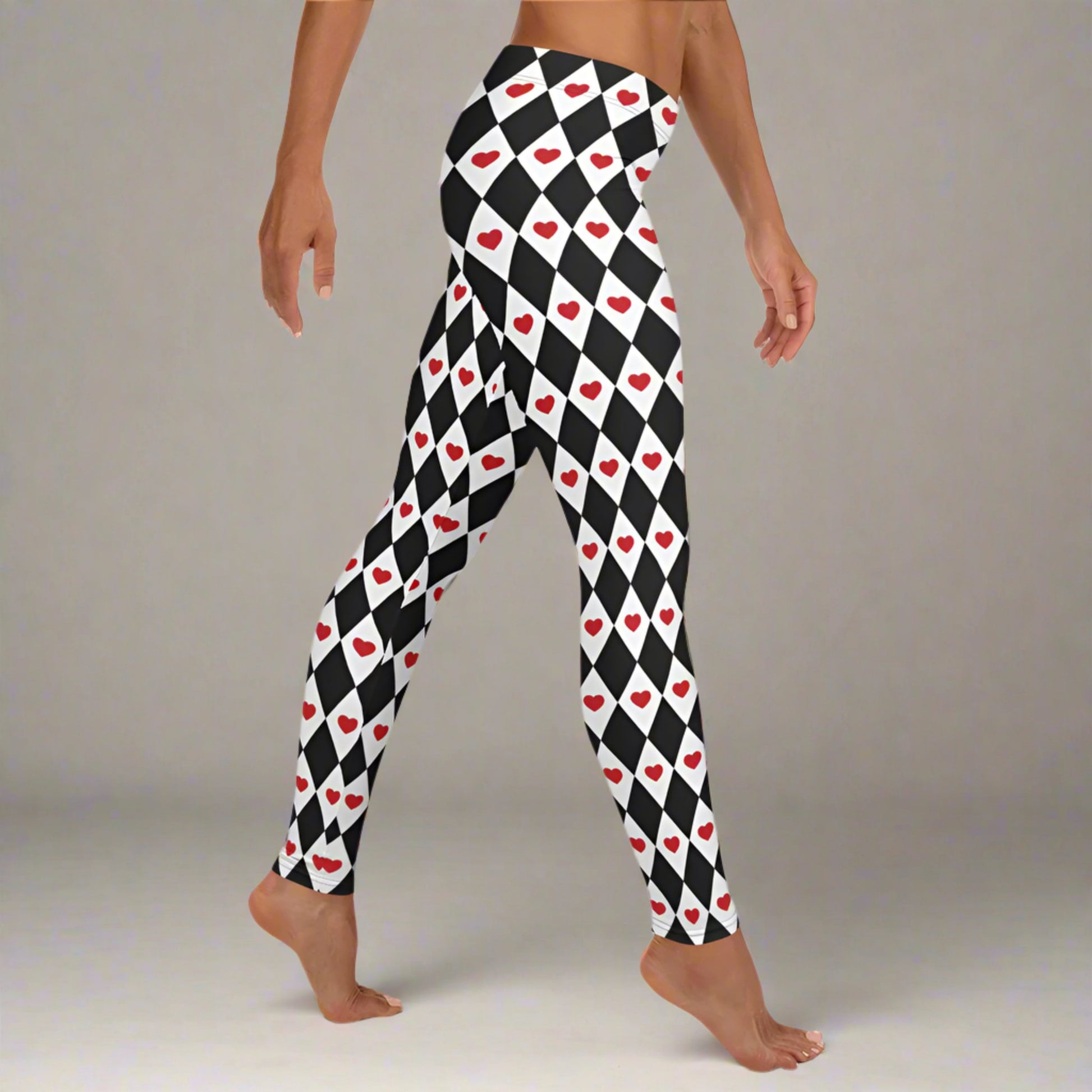 Black and white diamond checker print ladies leggings with bold red heart accent, full length to the ankle, mid rise waist, versatile for yoga, running, lounging, casual chic, Valentine gift ideas, family matching sets, cosplay or Queen of Hearts costume looks, trendy balletcore, lavender girl, and pink Pilates princess inspired outfits for women seeking stylish comfort