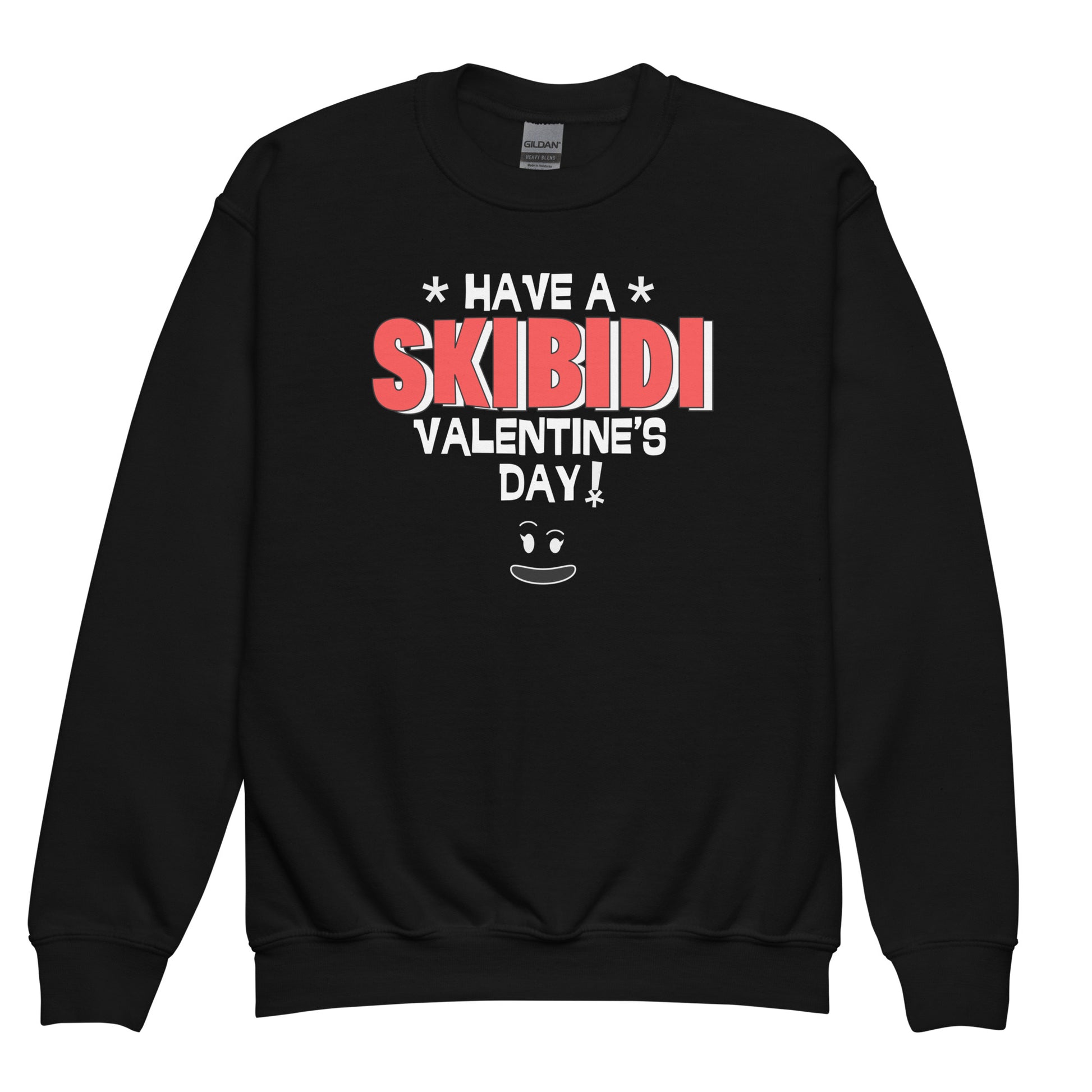Tween-approved Valentine’s Day sweatshirt featuring “Have a Skibidi Valentine’s Day!” in a bold, funny font. Available in dark heather grey and black, this kids sweatshirt is designed for boys who love Skibidi, gaming humor, and internet jokes like Rizz and Ohio memes. Cozy fleece, classic fit, and meme-worthy vibes make it perfect for school events, classroom parties, or gifting to your favorite gamer kid. Ideal for meme-loving tweens aged 8–12.

