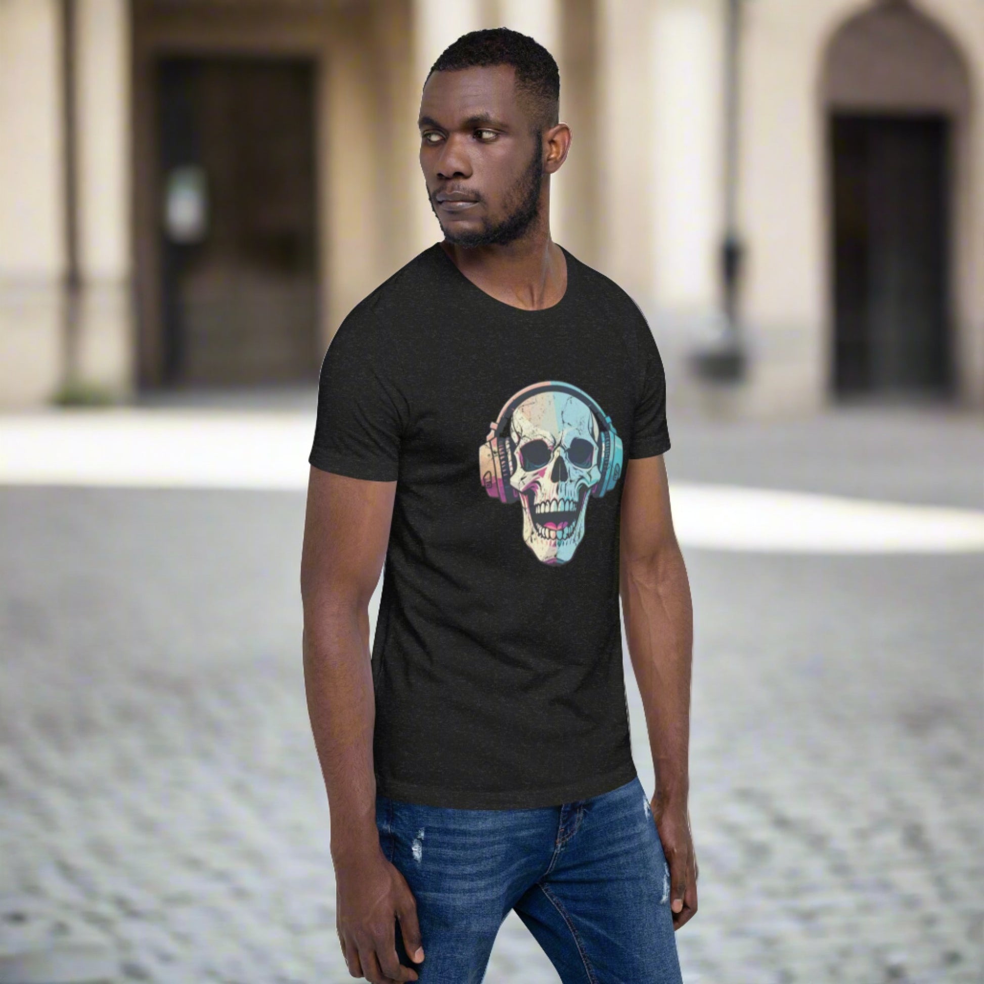 Black t-shirt with spooky skull and headphones artwork, styled for haunted fall vibes and music-themed Halloween looks. Great for teens, adults, and anyone who loves gothic streetwear, this unisex tee is made from soft ring-spun cotton and fits sizes XS to 5XL. Perfect for spooky season events, horror movie nights, or showing off your love for creepy tunes in style.