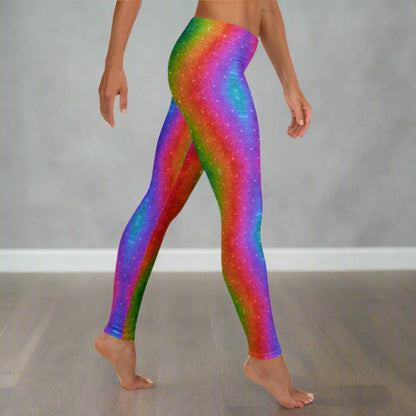 These rainbow swirl holographic glitter women’s leggings are made to stand out at Pride, color runs, 5K races, Mardi Gras parties, or music festivals. With a mid-rise waist and full-length coverage, they’re comfy, bold, and bright. Perfect for LGBTQ+ pride celebrations and rave wear, these leggings also come in matching child sizes for vibrant family coordination.