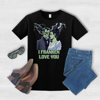 Unisex black Halloween shirt featuring romantic Frankenstein and bride, dramatic lightning scene, reading “I Franken Love You.” Gildan 64000 tee, sizes S-5XL, ideal for spooky couples, Halloween parties, novelty gifts, or festive casual outfits.