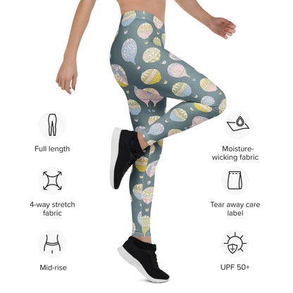 Lightweight and comfortable Hot Air Balloon Print Women’s Leggings designed with pastel balloon motifs on a slate blue background. Made from four-way stretch microfiber yarn with a mid-rise waist and full-length cut for daily wear or workouts. A sweet mommy and me outfit idea for travel lovers and whimsical fashion 