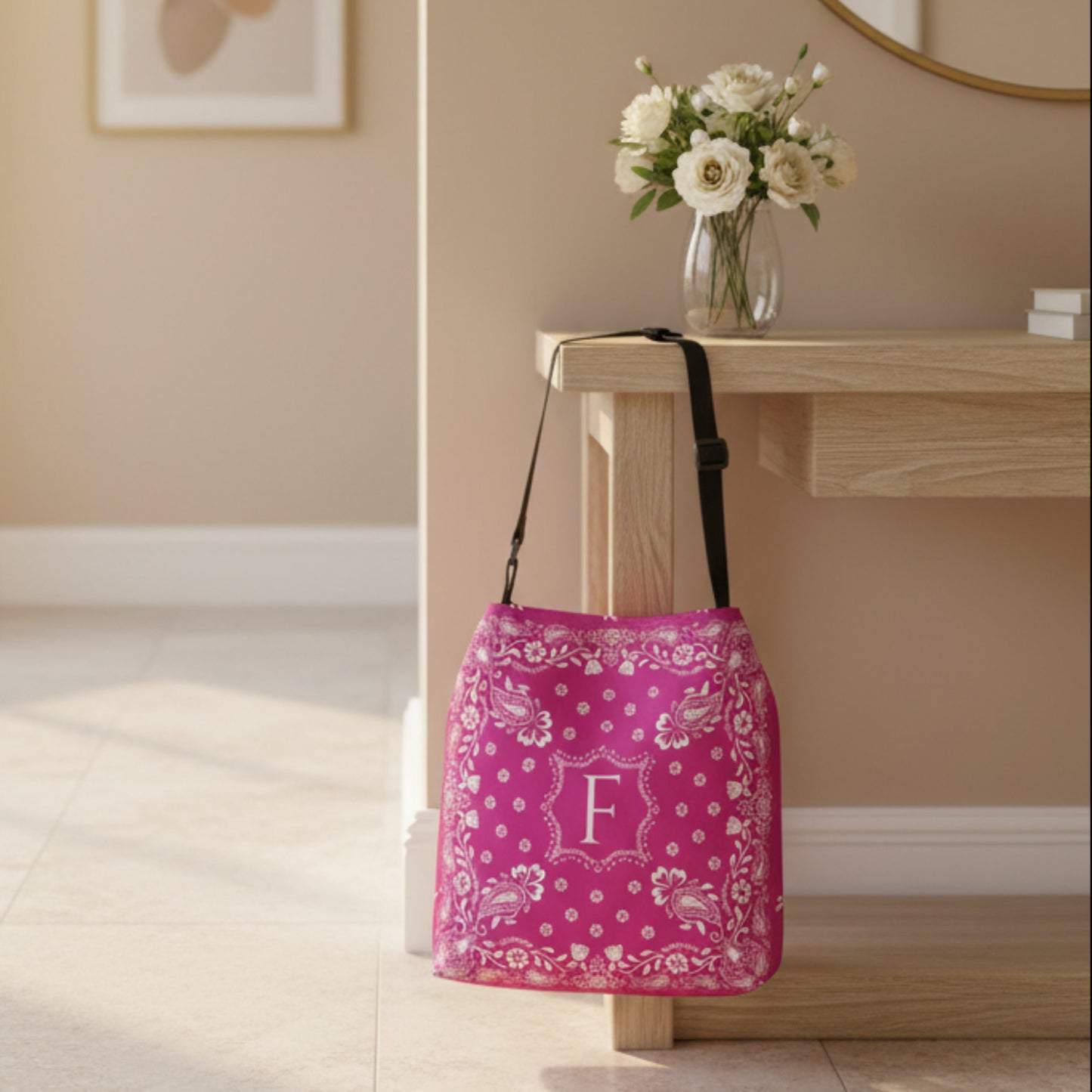 Hot pink personalized paisley tote bag featuring a vibrant western bandana design and custom monogram. Wear it over your shoulder or crossbody while carrying books, groceries, travel essentials, or daily necessities in style.